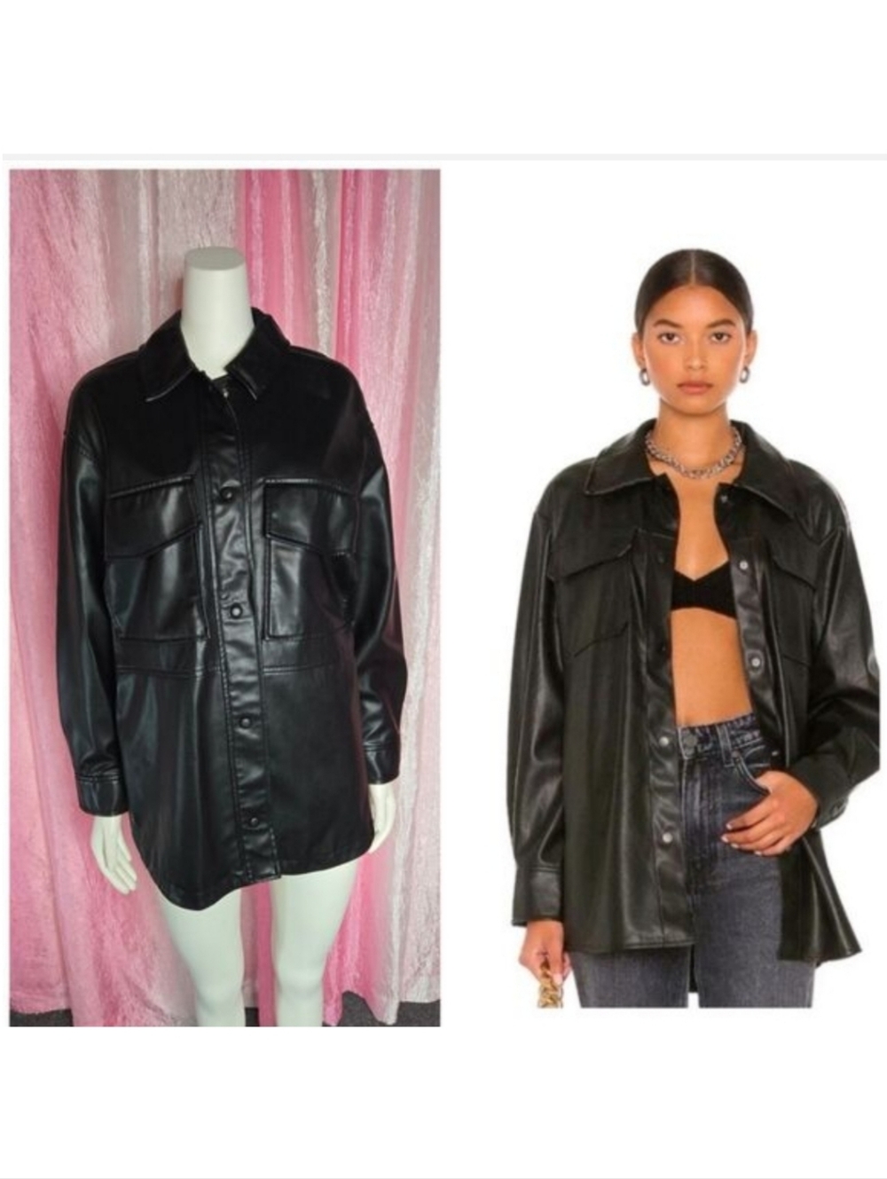 Zara Black Faux Leather Snap Buttons Oversized Lined Shacket Size Small